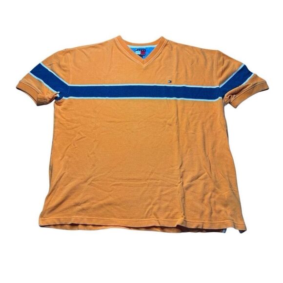 Vintage Tommy Hilfiger V Neck Orange Short Sleeve Knit T Shirt Mens XL 2004 Y2K - Picture 1 of 10
